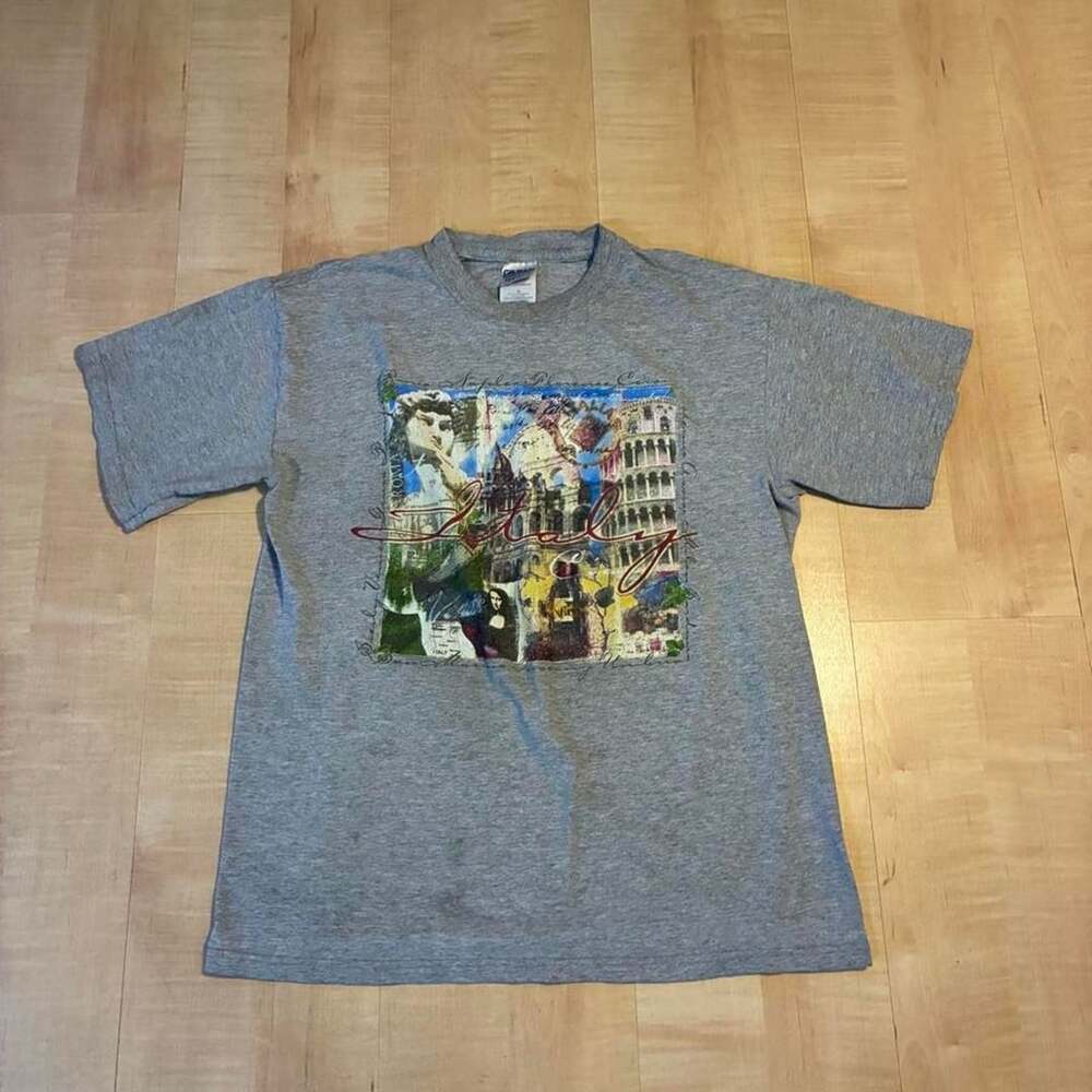 Vintage Gildan Italy Collage Travel Souvenir T-Shirt Grey M
